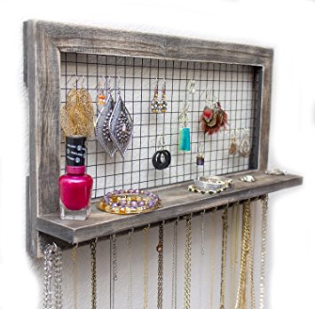 Rustic Wooden Wall Mount Jewelry Organizer for Earrings / Necklaces / Bracelets / Accessories (Rustic Wood)