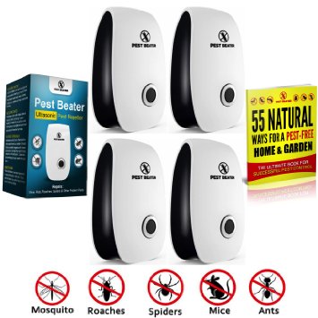 Ultrasonic Pest Control Repeller (Set of 4). Plug-In Repellent Rids Rodent Mice Roach Spider Cockroach Roaches Mouse Mosquito Insect Rat Ant Flea Flies Insects Bugs. Free Pest Control Book Worth $8