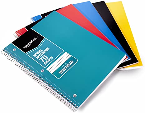 AmazonBasics Wide Ruled Wirebound Spiral Notebook, 70 Sheet, Assorted Solid Colors, 5-Pack