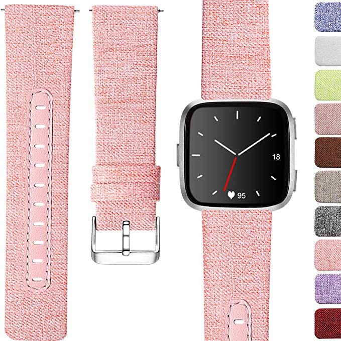 Maledan Replacement Bands for Fitbit Versa Women Men Large Small, Woven Fabric & Genuine Leather Breathable Accessories Strap Band for Fitbit Versa Smart Watch