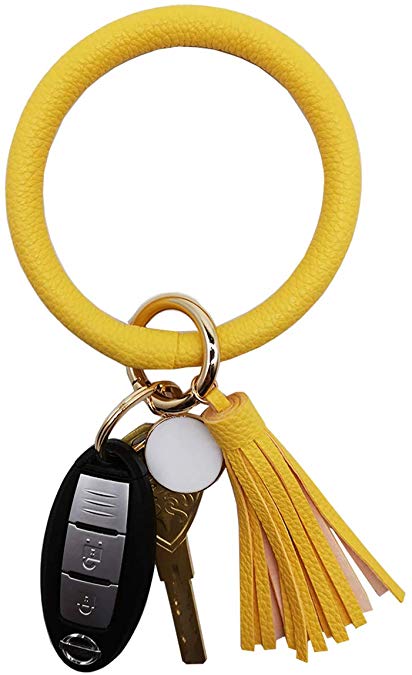 Tovly Wristlet Round Key Ring Chain Leather/Silicone Oversized Bracelet Bangle Keychain Holder Tassel for Women Girl