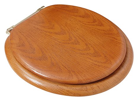 LDR 050 1700 Round Wood Toilet Seat with Polished Brass Finish Hinges, Oak