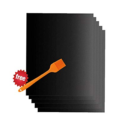 BBQ Grill Mat Set of 5 - Yisscen Non Stick Oven Liner Cooking Mats Ideal for Baking on Gas, Charcoal, Oven and Electric Grills - Reusable, Durable, Heat Resistant, FDA Approved Barbecue Sheets