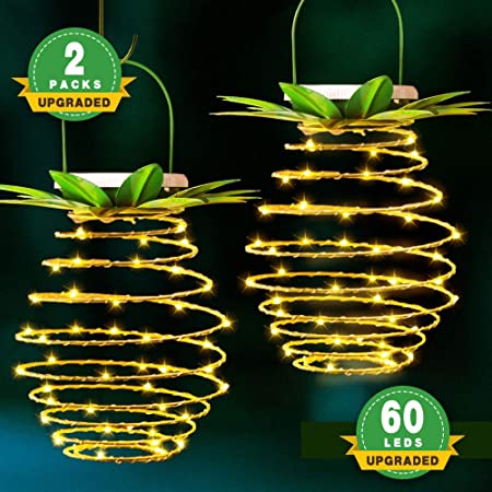 Tcamp 2 Pack 60LEDS Pineapple Solar Lights Outdoor Solar Lights Hanging Solar Lantern with Handle (Warm White)