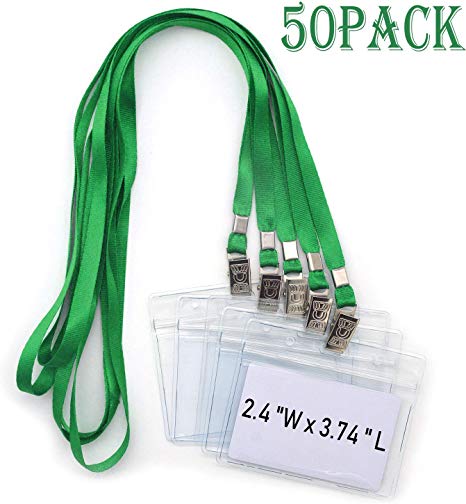 Bird Fiy Lanyards with id Holder Name Badges 50 Pcs Waterproof Type Top Quality Clear Plastic Horizontal Name Tag Badge Id Card and 50 Pcs Lanyard (Green)