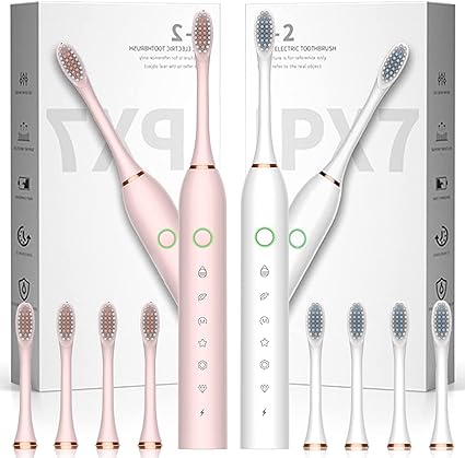 2 Pack Electric Toothbrush with 8 Brush Heads, 6 Modes 42000vpm, IPX7 Waterproof, Sonic Electric Toothbrush for Adults and Kids Pink White