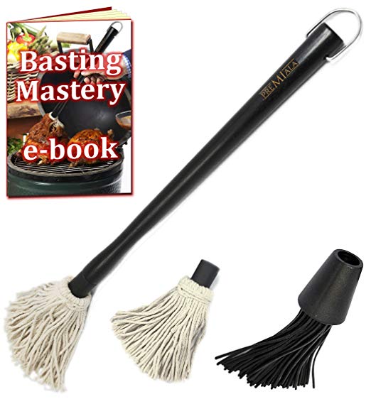 Premiala Versatile Basting Brush Mop Kit - with Removable Cotton Mop and Silicon Brush Heads! Replaces Moisture and Adds Flavor! Best BBQ Mop for Succulent BBQ Meat!