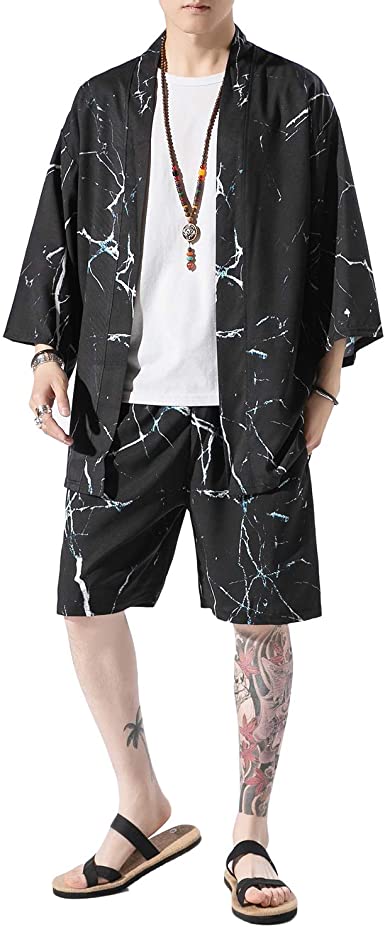 PRIJOUHE Men's Japanese Style Kimono Tops Pants Sets Lightweight Casual Seven Sleeves Open Front Cardigan & Shorts