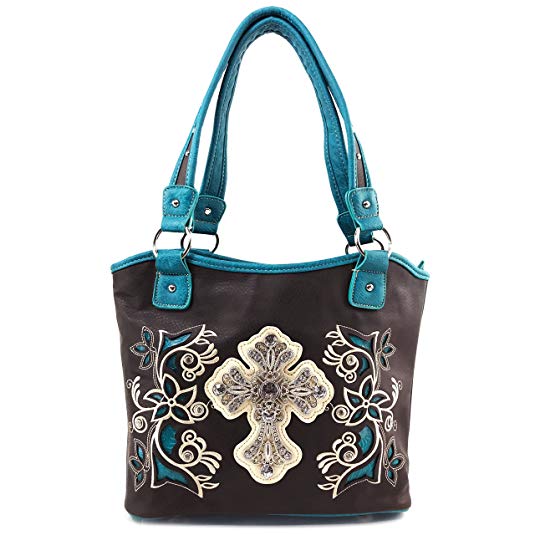 Justin West Western Rhinestone Cross Tote Purse Embroidery Floral Design Leather Concealed Carry Handbag
