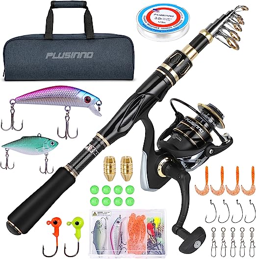 PLUSINNO Fishing Rod and Reel Combos Set,Telescopic Fishing Pole with Spinning Reels, Carbon Fiber Fishing Rod for Travel Saltwater Freshwater Fishing…