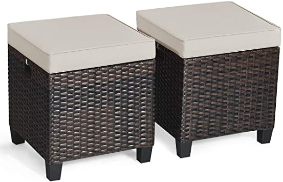 Tangkula 2 Pieces Outdoor Patio Ottoman, All Weather Rattan Wicker Ottoman Seat, Patio Rattan Furniture, Outdoor Footstool Footrest Seat w/Removable Cushions (Brown)