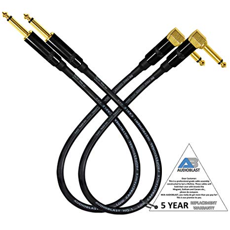 Audioblast - 2 Units - 2 Foot - HQ-1 - Ultra Flexible - Dual Shielded (100%) - Guitar Instrument Effects Pedal Patch Cable w/Eminence Straight & Angled Gold ¼ inch (6.35mm) TS Plugs & Double Boots