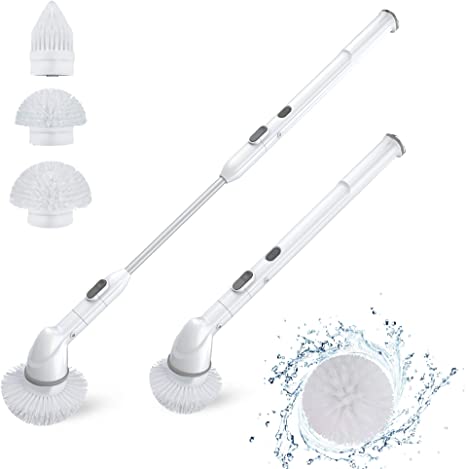 POWERGIANT Electric Spin Scrubber Cordless Shower Scrubber with Built-in Rechargeable Battery, IPX7 Waterproof, 3 Replaceable Cleaning Brush Heads and Adjustable Extension Handle for Floor, Tile, Tub