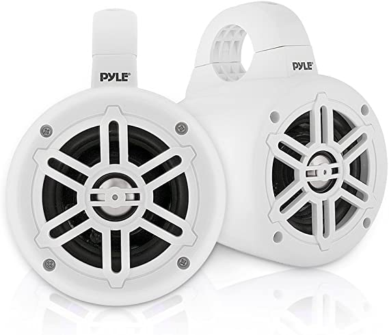 Waterproof Marine Wakeboard Tower Speakers - 4 Inch Dual Subwoofer Speaker Set with 300 Max Power Output - Boat Audio System Kit w/Titanium Dome Tweeters & Mounting Clamps - Pyle PLMRWB45W (White)