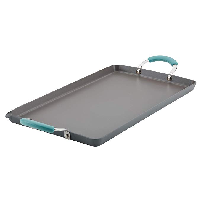 Rachael Ray 87666 18" x 10" Double Burner Pour Spout Hard Anodized Aluminum Grill, Griddle 18 Inch x 10 Inch Gray with Agave Blue Handles