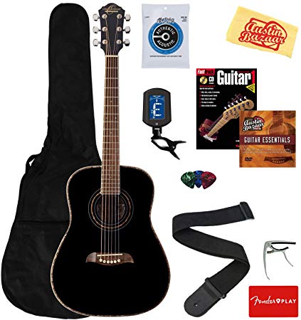 Oscar Schmidt OG1B 3/4-Size Kids Learn-to-Play Acoustic Guitar Bundle with Gig Bag, Strings, Tuner, Strap, Picks, Instructional Book, Capo, DVD, and Austin Bazaar Polishing Cloth - Black