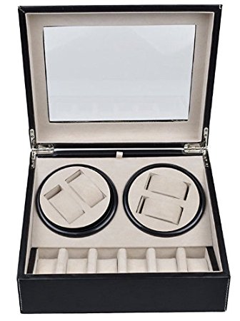 TMS Leather Automatic Rotation 4 6 Watch Winder Storage Case Display Box Black Brown (Black)