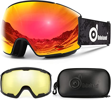 Odoland Magnetic Interchangeable Ski Goggles Set with 2 Lens, Anti-Fog 100%UV Protection Snowboard Snow Goggles for Men Women