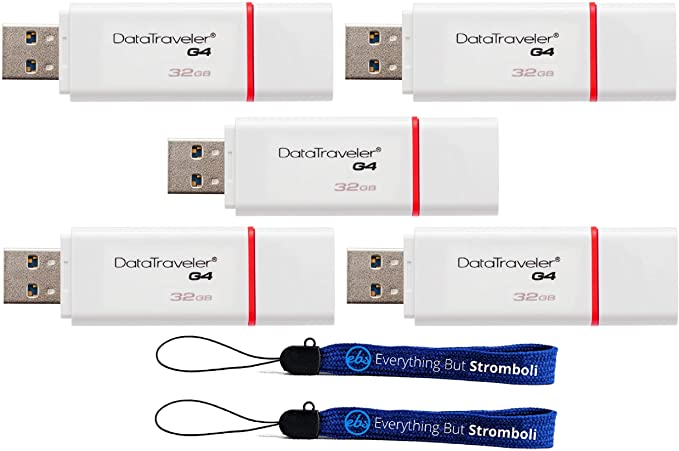 Kingston (TM) Digital 32GB (Five Pack) 32 GB Data Traveler 3.0 USB High Speed Flash Drive, Blue (DTIG4/32GBET) With (2) Everything but Stromboli (TM) Lanyards