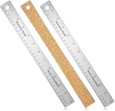 3 Pieces Stainless Steel Cork Base Rulers 12 Inches 30 cm Non Slip Straight Edge Ruler, Inch and Metric Graduations Measuring Corkback Ruler for School Office Drawing Measuring Engineering Woodworking