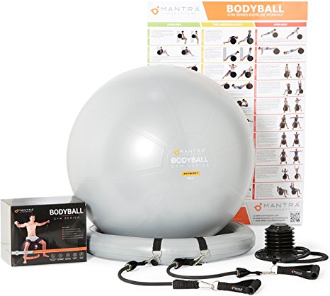 Mantra Sports Exercise Ball Bundle: 65cm / 75cm Fitness Ball with Stability Ring, Resistance Bands, Foot Pump, Tape Measure & A1 Size Workout Poster | Complete Home Gym System