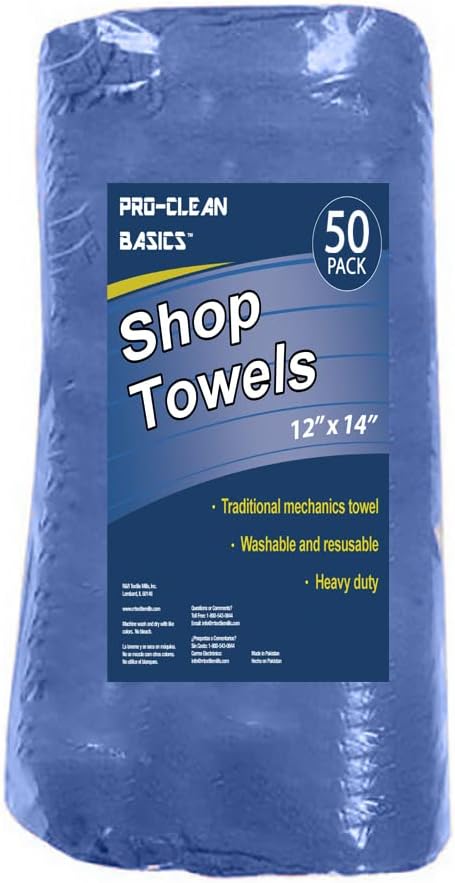 Pro-Clean Basics A21835 Premium Heavy Duty Reusable Cleaning Shop Towels, Commercial Grade, 100% Cotton, 10" x 12", Blue, Pack of 50