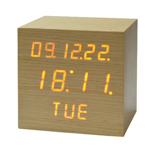 Mxson Cube Original Solid Wood LED Digital Alarm Clock Time Memory Snooze Function Auto Brightness Reduction Calendar Date Week Display (1311)