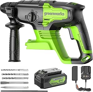 Greenworks 24V Lithium-ion Brushless SDS 2J Heavy Duty Rotary Hammer Drill, 1-Inch Cordless Hammer Drill for Concrete, 4-Mode Variable Speed, 4AH (USB) Battery & Charger Included