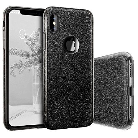 iPhone X Case, BASSTOP Luxury Bling Crystal Glitter Sparkle Phone Case Detachable 3 Layers Shockproof Hard PC Back Soft TPU Inner Shining Case for Apple iPhone X,iPhone 10 (Black)