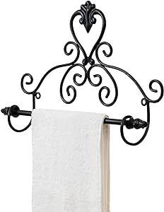 MyGift 12 Inch Wall Mounted Matte Black Metal Towel Holder Bar with Vintage Baroque Scrollwork Design, Decorative Rail for Hanging Bathroom Hand Towels or Entryway Scarves