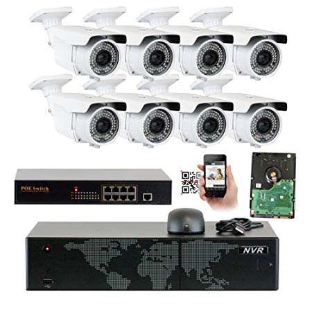 5MP (2592x1920p) 8 Channel 1920P NVR PoE Outdoor Security Camera System - 8 x HD 2.8~12mm Varifocal Zoom 196ft IR IP Camera - 5 Megapixel (1,000,000 more pixel than 4MP, 200% more detailed than 1080P)