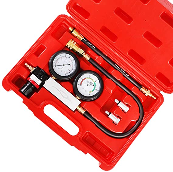 JIFETOR Cylinder Leak Down Tester Kit, Professional Dual Pressure Gauges Engine Compression Leakdown Detector Leakage Test Set for Gasoline Engine with 10 12 14mm Spark Plugs on Car Truck Motorcycle