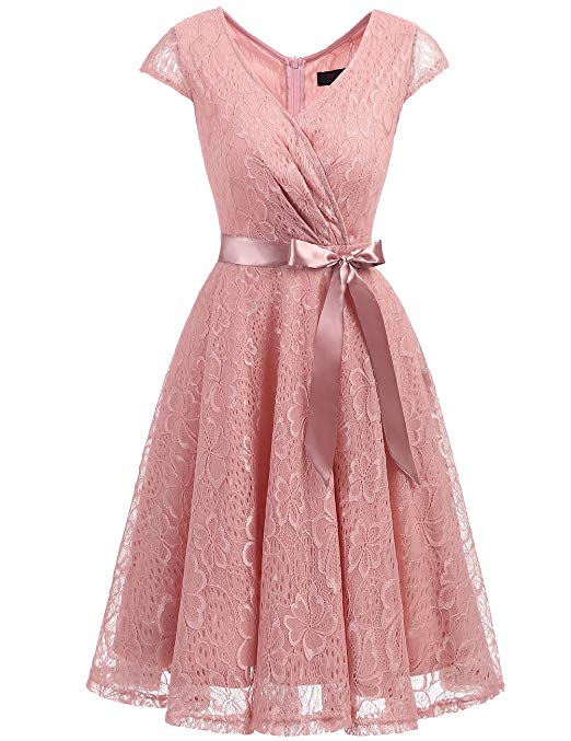 DRESSTELLS DresstellsShort V Neck Bridesmaid Ruched Dress Lace Cocktail Dresses with Belt