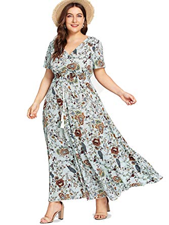 Romwe Women's Plus Size Floral Print Buttons Short Sleeve V Neck Flare Flowy Maxi Dress