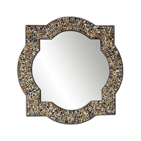 Mission Style Quatrefoil Mirror, Andalusian Lindaraja Designer Mosaic Glass Framed Wall Mirror, 24" x 24" Colorful Wall Mirror with Silver Glass Mosaic Quatrefoil Frame (Multi Colored Gold)