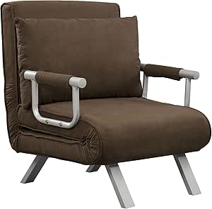 HOMCOM Fauteuil chauffeuse canapé-lit Convertible 1 Place déhoussable Grand Confort Coussin Pieds accoudoirs métal suède Marron