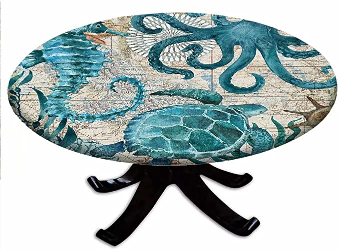 Round Tablecloth with Elastic Edges， Nautical Creature Theme Blue Ocean sea Turtle Octopus Seahorse Beach Coral Reef Vintage Nautical Illustration Retro Design Fits Tables 48" - 52" Diameter
