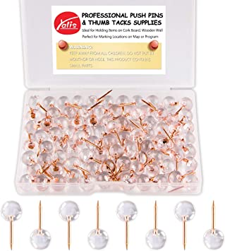 Yalis Push Pins 1/3 Inch Rose Gold Map Tacks 100-Count Large Size Pins Rose Gold Steel Point and Transparent Plastic Round Head (Rose Gold)