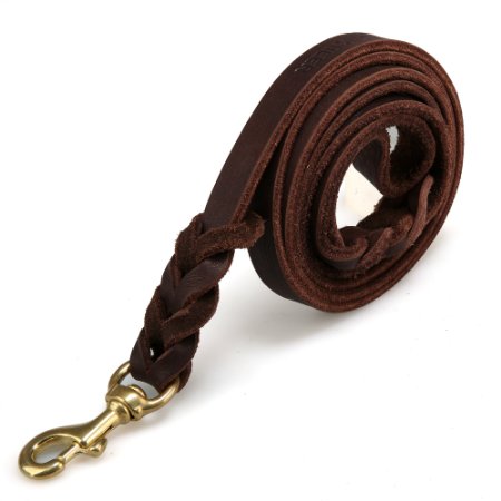 Dog Leather Leash 6ft long, 3/4 Inch Wide, Genuine Training Leather Leash （Brown） with Free Poop Scoop in Gift Package