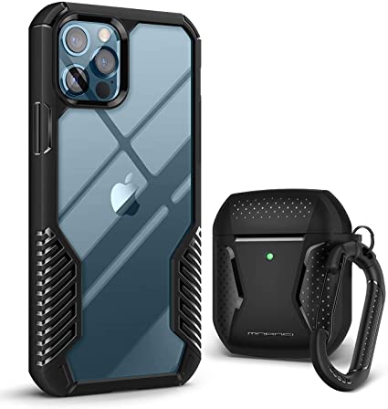 [Bundle] MOBOSI Vanguard Armor Heavy Duty Protective Covers Compatible with iPhone 12 Pro Max Case 6.7 Inch & Net Series AirPod Case for Airpods 2& Airpods 1 (Black)(2 Items Bundle)