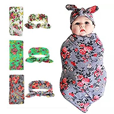 Newborn Swaddle Blanket Headband with Bow Set Baby Receiving Blankets