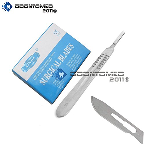 OdontoMed2011® BOX OF 100 PIECES CARBON STEEL SCALPEL BLADE STERILE #22 WITH FREE HANDLE # 4