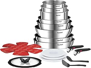 Tefal Ingenio Batterie cuisine 20 pcs, Poêles, Casseroles, Wok, Sauteuse, Couvercles, Poignées amovibles, Induction, Acier inoxydable, Compatible lave-vaisselle, Garantie 5 ans, Emotion L897SJ04