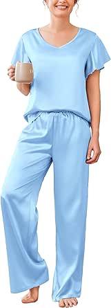 Ekouaer Silk Pajamas Satin 2 Piece Short Sleeve Top and Long Pants Pj Sets Silky Sleepwear Loungewear for Women