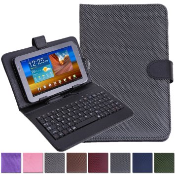 HDE Diamond Stitch Hard Leather Folding Folio Case Cover with Micro USB Keyboard for 7" Tablet (Black)