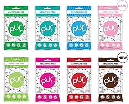 PUR Gum 8 Flavor Assortment Spearmint, Peppermint, Pomegranate Mint, Wintergreen, Cinnamon, Coolmint, Chocolate & Bubblegum