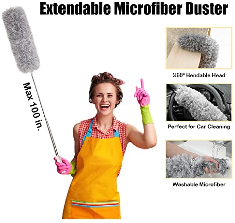 Microfiber Duster with Extension Pole(100in.), 360 Degree Bendable for Cleaning High Ceiling Fan/Light, Cobwebs, Car, Computer/TV (Grey)
