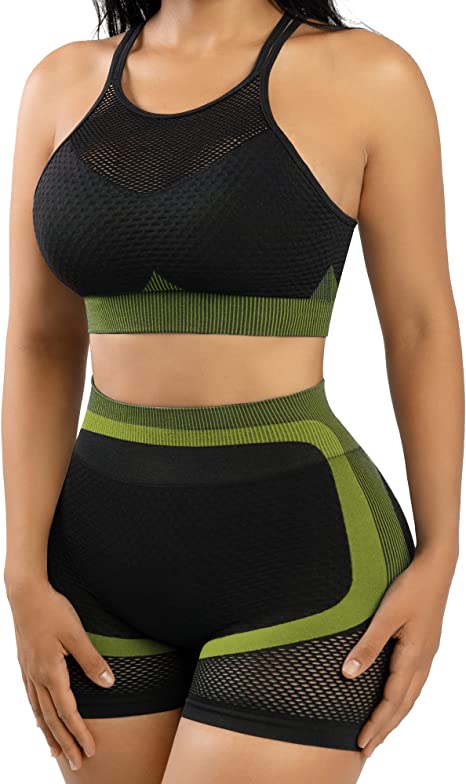 Short Workout Sets for Women 2 Piece High Waist Shorts with Spaghetti Strap Sports Bra Yoga Gym Crop Outfits Sets