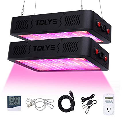 1200W Plant Light, TOLYS 2-Packs LED Grow Light Double Chips Full Spectrum Grow Lamping for Indoor Plants Veg and Flower, with Thermometer Humidity Monitor and Timer (Black)