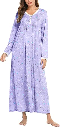 Ekouaer Women's Long Sleeve Nightgown Long Sleepshirts Henley Sleep Dress Full Length Sleepwear S-4XL